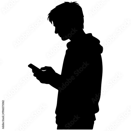 Silhouette of a young man using a smartphone, isolated on white