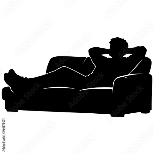 Silhouette of a man relaxing on a sofa, arms behind head, resting