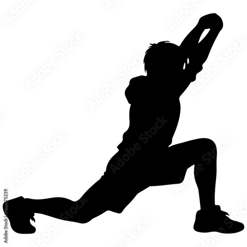 Silhouette of a man performing a deep lunge stretch for flexibility and fitness.