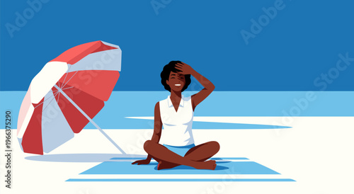Vector illustration of a woman relaxing on a beach under an umbrella on a bright sunny day