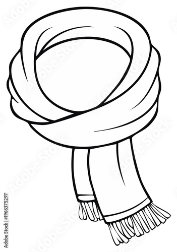 Winter scarf monochrome drawing for coloring. Cozy neck warmer with fringe outline illustration.