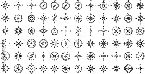 Detailed collection of black and white line art compasses and compass roses, featuring diverse styles for navigation, exploration, and travel symbols in a clean vector icon set.