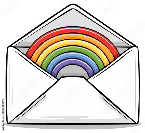 Rainbow colored arc emerging from open envelope, symbolizing good news or celebration