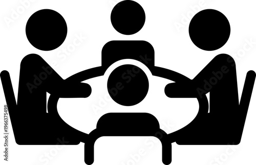円卓を囲む4人の会議や座談会を表現した人物シルエットアイコン（モノクロ・チーム・協力・コミュニケーション）