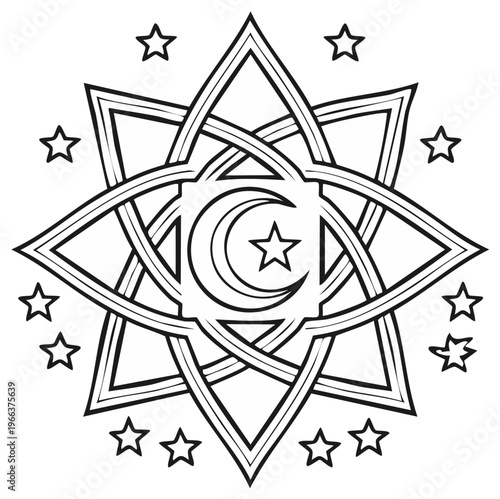 Contour art: A celestial sign with a crescent moon and stars in geometric pattern - a mystical pagan illustration