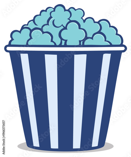 Whimsical illustration of blue popcorn overflowing from a classic blue and white striped bucket.