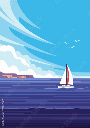 Sailing through tranquil waters under a vibrant sky, a beautiful vector illustration capturing the essence of a serene journey