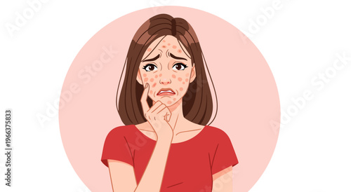 Frowning Young Woman With Skin Rash, Vector Illustration Showing Acne or Allergy Symptoms and Distress