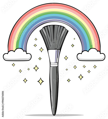 Makeup Brush Underneath a Rainbow with Clouds and Sparkles Illustration