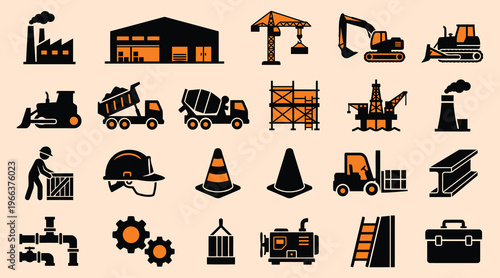 Collection of construction and industry related icons and symbols on beige background  industrial and building sector graphics