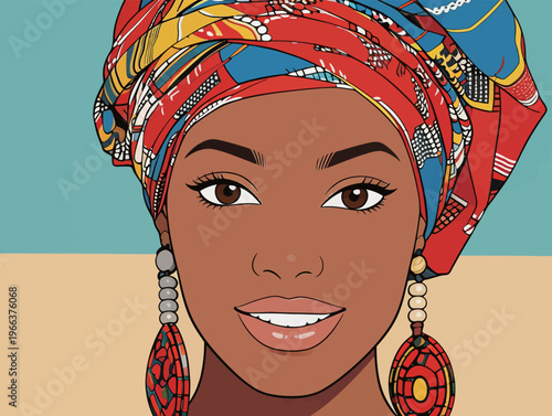 Woman with colorful headwrap and earrings smiles at the viewer in a bright, simple background with a clean, modern design