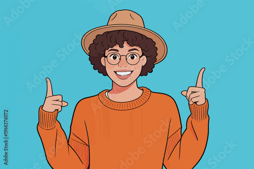 Person wears orange sweater and hat with blue background while smiling and pointing fingers