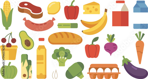 Minimalist vector set of groceries featuring corn, steak, hot dog, milk, apple, bell pepper, banana, avocado, baguette, broccoli, eggs, and more