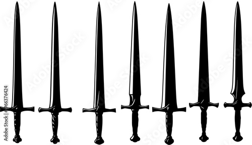 Collection of Diverse Medieval and Fantasy Sword and Dagger Silhouettes. Vector Illustrations of Various Weapon Designs.