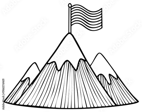Hand Drawn Mountain Peak with Waving Flag Symbolizing Achievement and Success