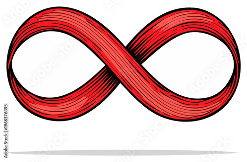Vibrant red infinity symbol illustration with bold outlines and hatching for endless possibilities and eternal concepts