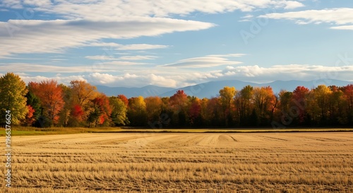 Autumnal Landscape - Golden Field Meets Vibrant Forest Under a Cloudy Sky.