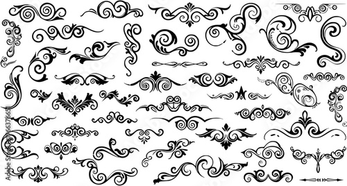 Vector Set of Ornate Swirls, Flourishes, and Decorative Dividers. Elegant black ornamental scrollwork and vintage border elements for classic design.