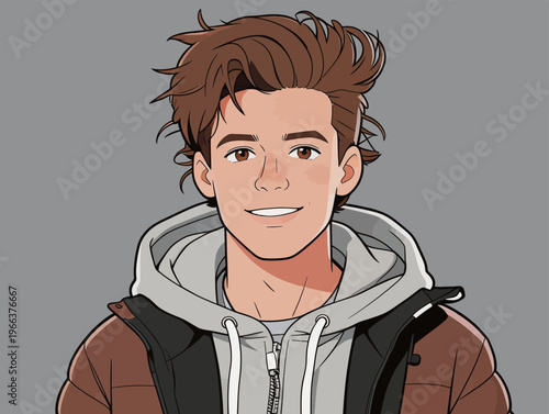 Young man smiles with tousled hair and casual clothing in an animated style on a gray background