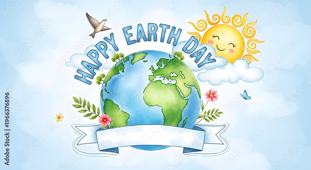 Naklejka premium Happy earth day greeting card with cute planet, sun, and floral elements