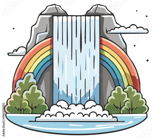 Majestic waterfall cascades down rocky cliffs with vibrant rainbow and lush green trees