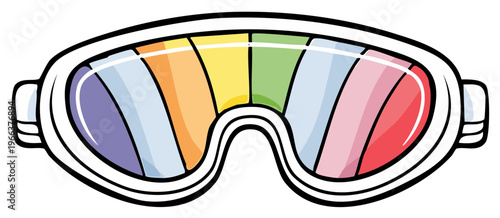Cartoon style illustration of ski or snowboard goggles with rainbow colored lens for winter sports and activities