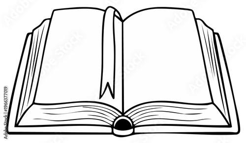 Open book with blank pages and bookmark ready to be written or drawn in black and white