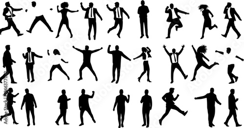 Diverse People Silhouettes in Action: Men  Women Jumping, Running, Walking  Celebrating. Human Figures Representing Various Activities  Emotions.