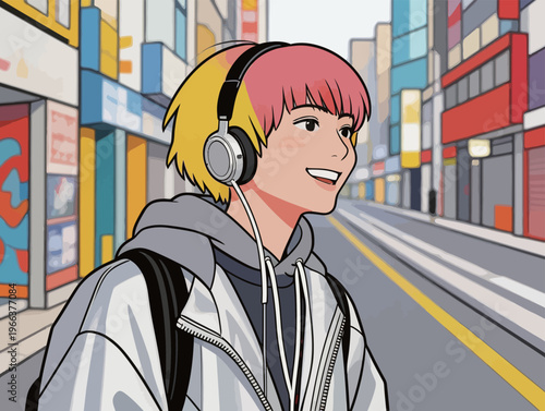 Young person walks down a busy street wearing headphones in a city scene with shops and colorful buildings