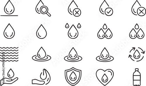 Hydration and water drop outline icons set for environmental, healthcare and mobile app design projects