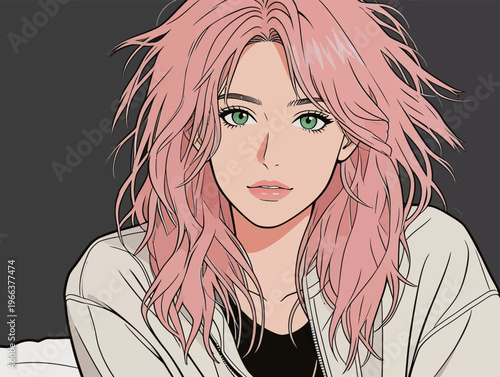 Young woman with pink hair sits on a bed while looking at the viewer in a cozy indoor setting