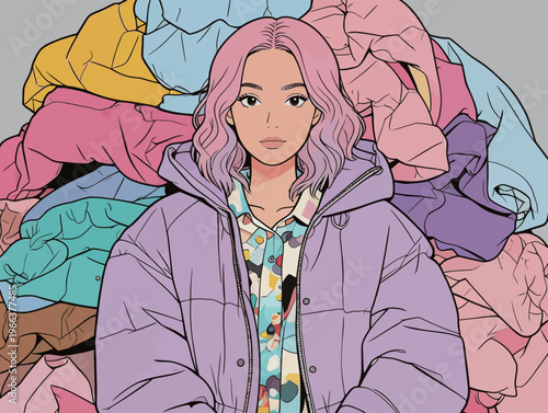 Young person sits with colorful clothes in a casual style, showing their creativity with fashion and self-expression in an indoor setting