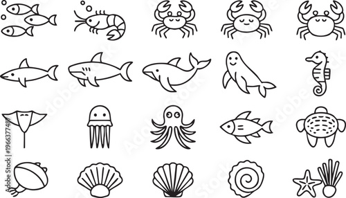Underwater wildlife vector icon set with marine animals and aquatic symbols for education projects
