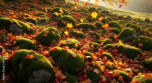 Autumnal moss-covered rocks and fallen leaves in a forest landscape.