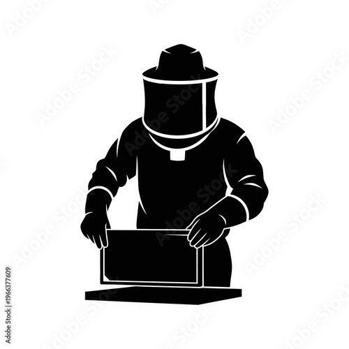 Silhouette of a Beekeeper in Protective Suit Extracting a Honeycomb Frame Apiary Agriculture