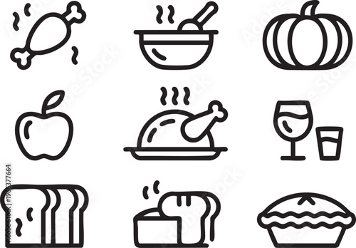 Food outline icons featuring chicken, bread, apple and wine for menu and app design