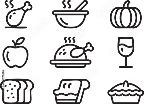 Food and cuisine icon set with restaurant, recipe and meal concepts in outline style