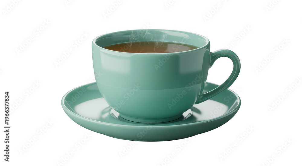 Fototapeta premium Steaming green tea cup on saucer isolated on a transparent background