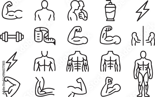Gym and fitness icon collection featuring muscles, dumbbell and training concepts for UI design