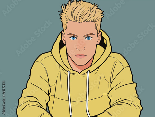 Young man with blond hair and blue eyes sitting in a yellow hoodie against a green background in an artistic style