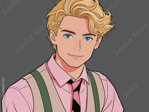 Young man with blonde hair and blue eyes smiles while wearing a pink shirt and a green strap in a simple setting