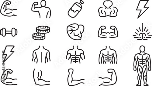 Gym and fitness icon collection featuring muscles, dumbbell and training concepts for UI design
