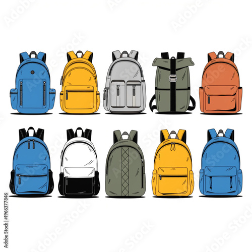 Colorful backpacks displayed in a neat row for comparison and selection