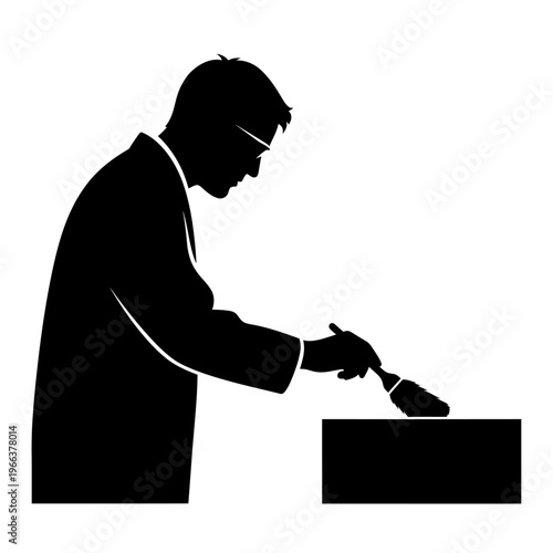 Silhouette of a Forensic Scientist Dusting a Surface for Fingerprints Criminal Investigation