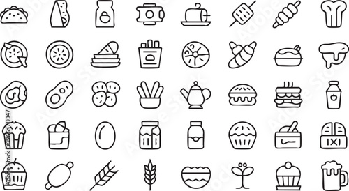 Food and dining icon pack with bread, burger, pizza and cake in minimal line style