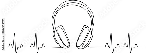 Flat vector illustration of headphones integrated with heart rate monitor line simple clean monochrome music and heartbeat design