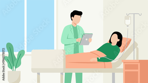 Doctor checking on a patient in hospital bed with IV drip and tablet