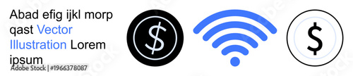Digital payments, internet finance, e-commerce, cashless economy, financial tech, wireless communication. wireless symbol flanked by dollar icons. Digital payments and internet finance concept