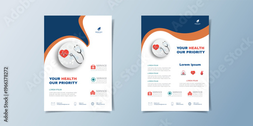 Medical health care flyer brochure template design, flyer template of health care with white background for text, space for picture and blue lines decoration. vector illustration