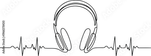 Flat vector illustration of headphones integrated with heart rate monitor line simple clean monochrome music and heartbeat design